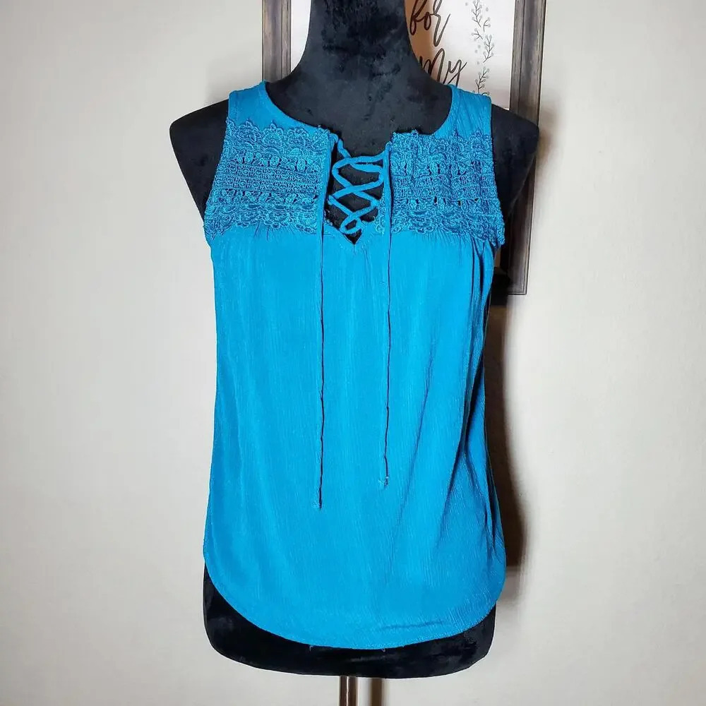 No Boundaries Teal Lace-Up Crochet Tank Top Juniors Size Small 3-5 NWOT